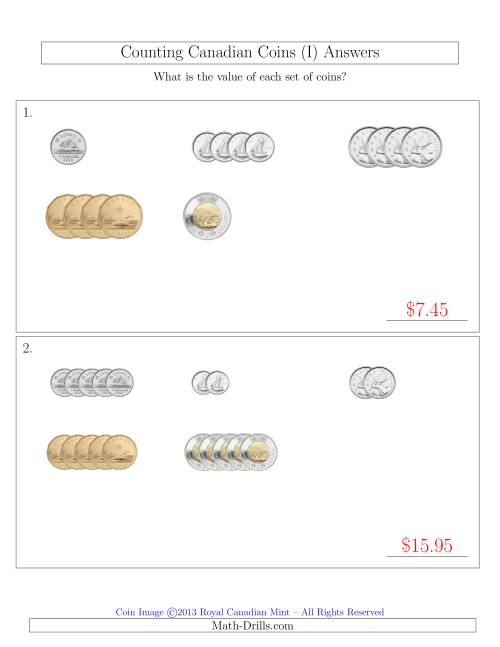 The Counting Small Collections of Canadian Coins Sorted Version (I) Math Worksheet Page 2
