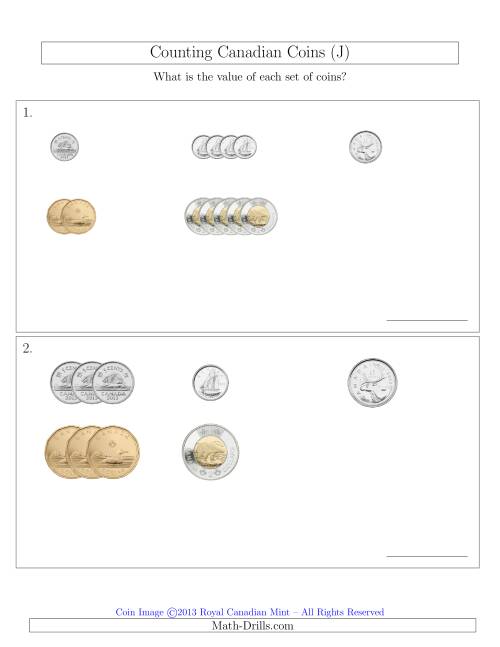 The Counting Small Collections of Canadian Coins Sorted Version (J) Math Worksheet