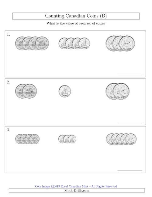 The Counting Small Collections of Canadian Coins Sorted Version (No Dollar Coins) (B) Math Worksheet