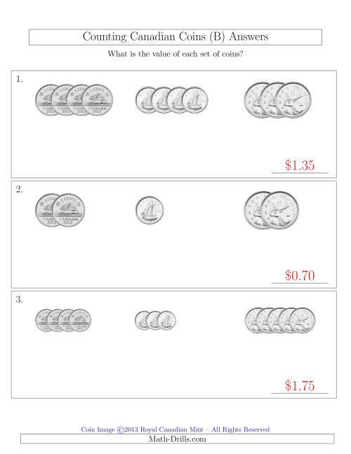 The Counting Small Collections of Canadian Coins Sorted Version (No Dollar Coins) (B) Math Worksheet Page 2