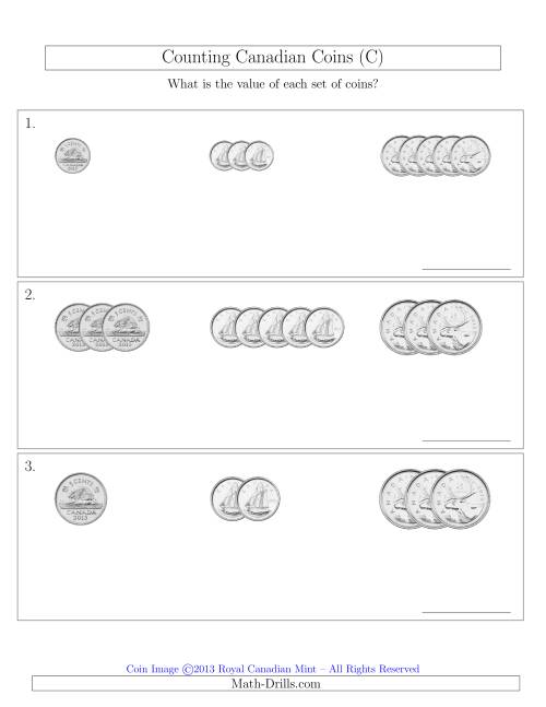 The Counting Small Collections of Canadian Coins Sorted Version (No Dollar Coins) (C) Math Worksheet
