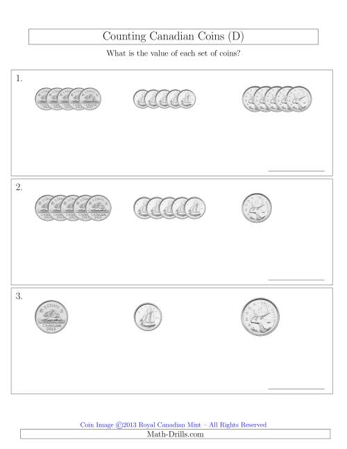 The Counting Small Collections of Canadian Coins Sorted Version (No Dollar Coins) (D) Math Worksheet