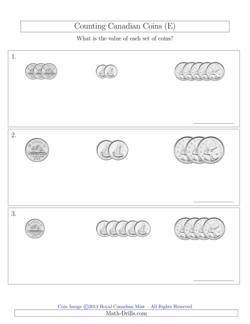The Counting Small Collections of Canadian Coins Sorted Version (No Dollar Coins) (E) Math Worksheet