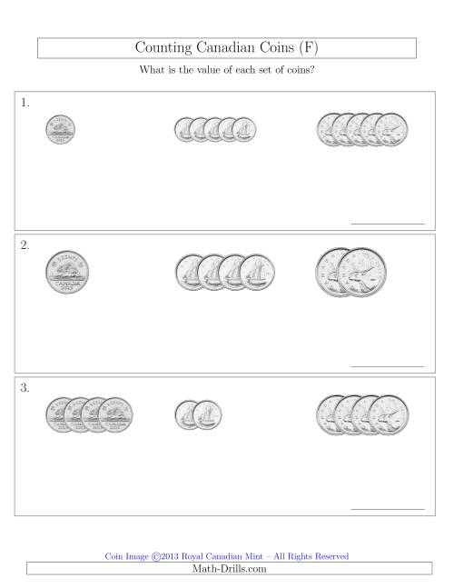 The Counting Small Collections of Canadian Coins Sorted Version (No Dollar Coins) (F) Math Worksheet