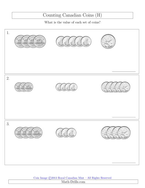 The Counting Small Collections of Canadian Coins Sorted Version (No Dollar Coins) (H) Math Worksheet