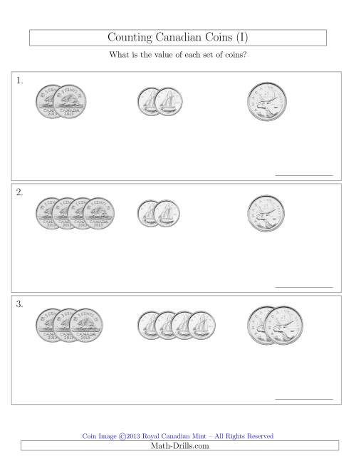 The Counting Small Collections of Canadian Coins Sorted Version (No Dollar Coins) (I) Math Worksheet