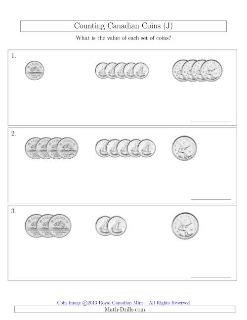 The Counting Small Collections of Canadian Coins Sorted Version (No Dollar Coins) (J) Math Worksheet
