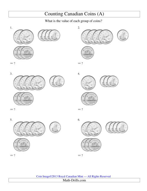 The Counting Small Collections of Canadian Coins Sorted Version (No Dollar Coins) (Old) Math Worksheet
