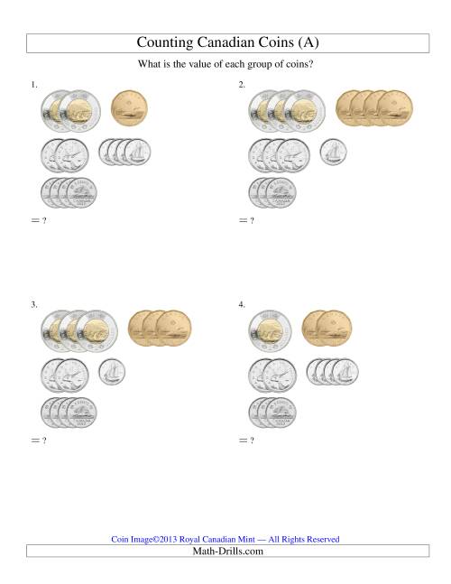 The Counting Small Collections of Canadian Coins Sorted Version (Old) Math Worksheet