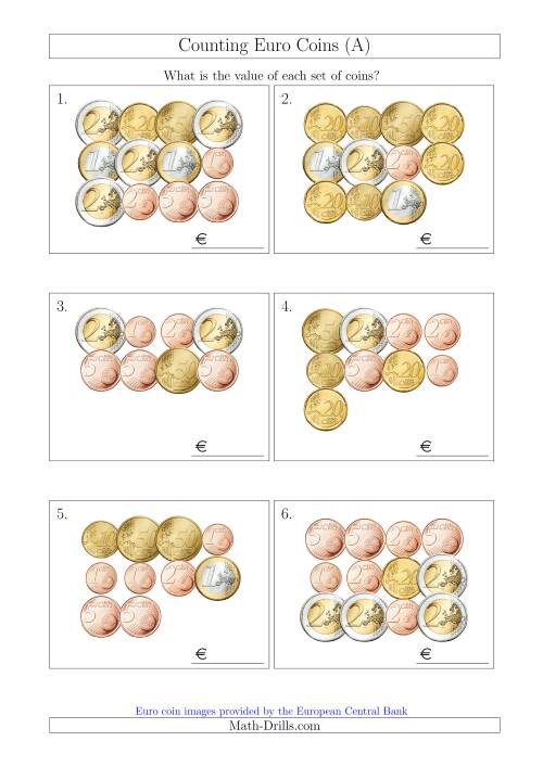 The Counting Euro Coins (A) Math Worksheet