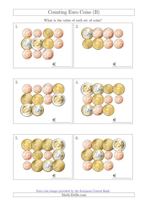 The Counting Euro Coins (B) Math Worksheet