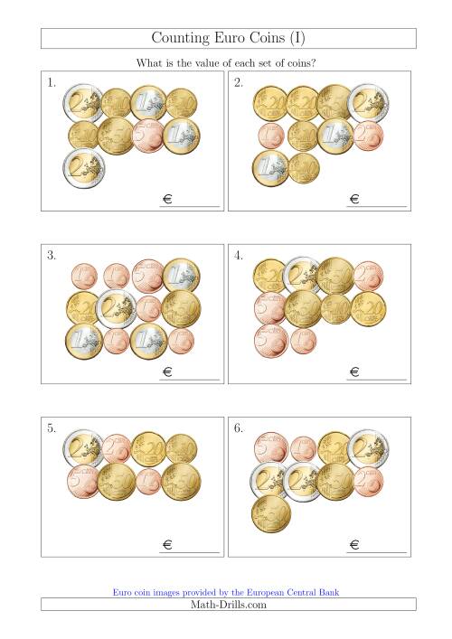 The Counting Euro Coins (I) Math Worksheet