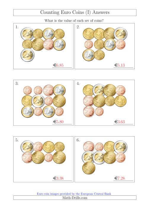 The Counting Euro Coins (I) Math Worksheet Page 2