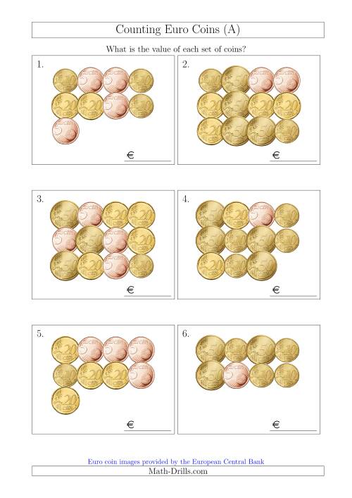 The Counting Euro Coins Including Only 5, 10, 20 and 50 Cent Coins (A) Math Worksheet