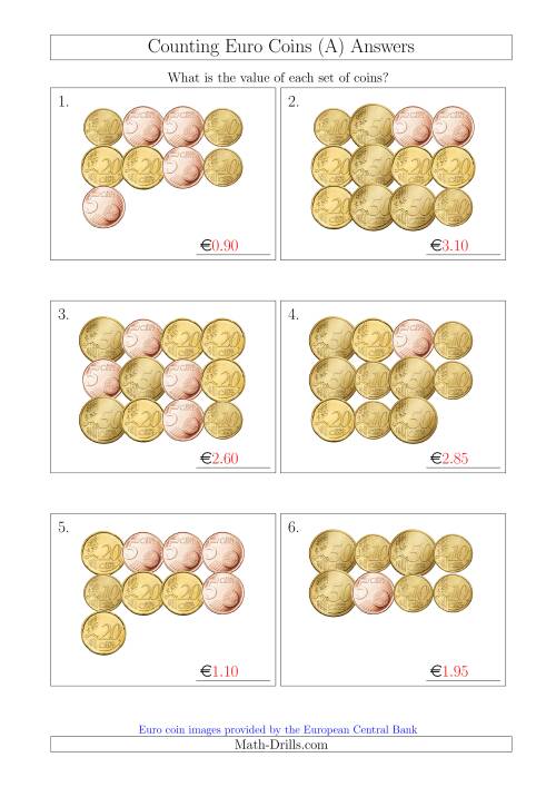The Counting Euro Coins Including Only 5, 10, 20 and 50 Cent Coins (A) Math Worksheet Page 2