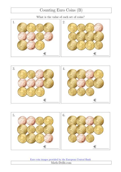 The Counting Euro Coins Including Only 5, 10, 20 and 50 Cent Coins (B) Math Worksheet