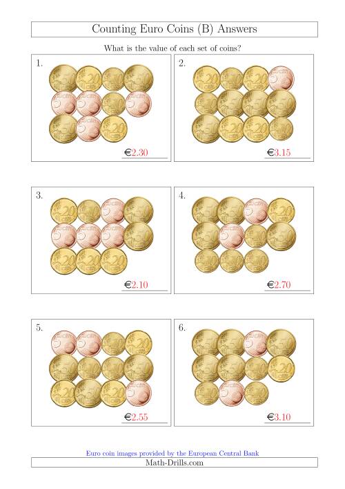 The Counting Euro Coins Including Only 5, 10, 20 and 50 Cent Coins (B) Math Worksheet Page 2