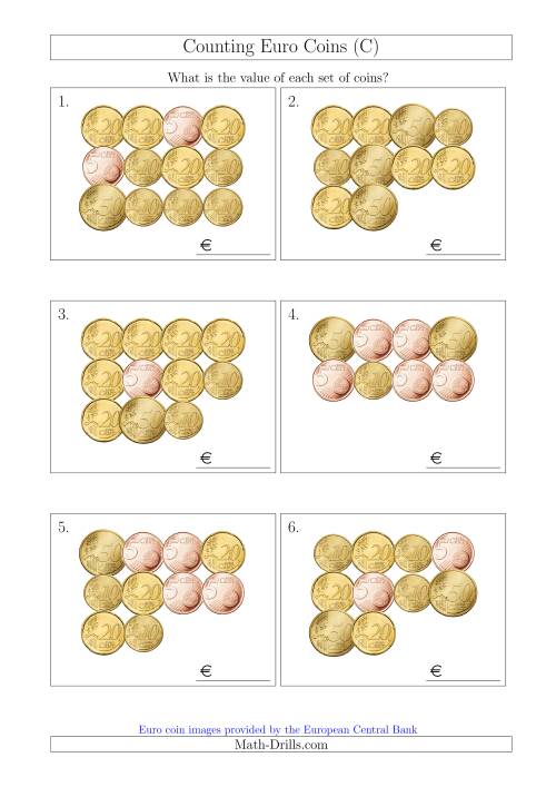 The Counting Euro Coins Including Only 5, 10, 20 and 50 Cent Coins (C) Math Worksheet