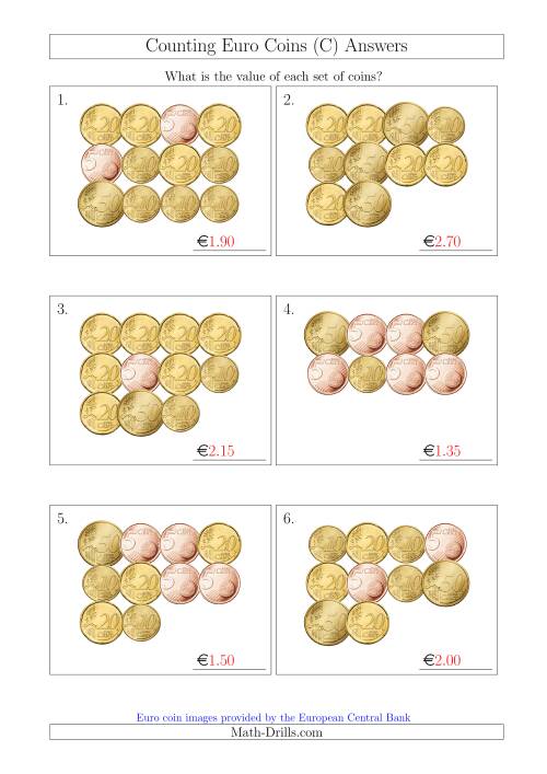 The Counting Euro Coins Including Only 5, 10, 20 and 50 Cent Coins (C) Math Worksheet Page 2