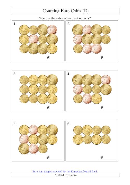 The Counting Euro Coins Including Only 5, 10, 20 and 50 Cent Coins (D) Math Worksheet