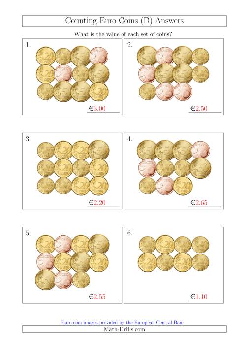 The Counting Euro Coins Including Only 5, 10, 20 and 50 Cent Coins (D) Math Worksheet Page 2