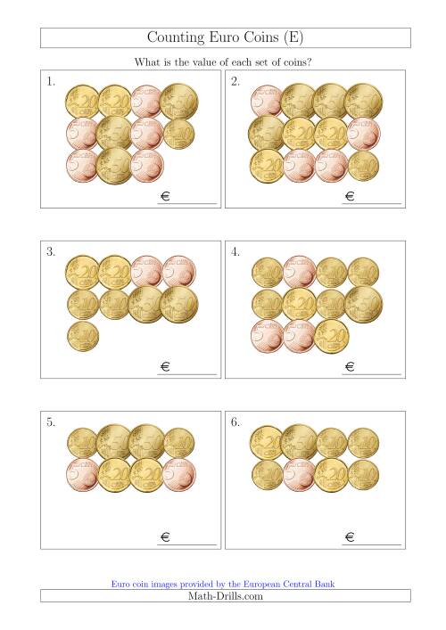 The Counting Euro Coins Including Only 5, 10, 20 and 50 Cent Coins (E) Math Worksheet