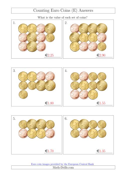 The Counting Euro Coins Including Only 5, 10, 20 and 50 Cent Coins (E) Math Worksheet Page 2