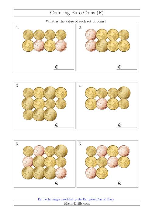 The Counting Euro Coins Including Only 5, 10, 20 and 50 Cent Coins (F) Math Worksheet