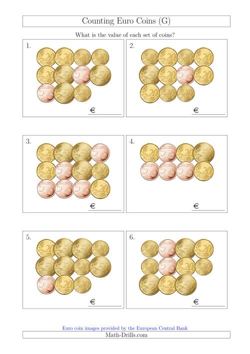 The Counting Euro Coins Including Only 5, 10, 20 and 50 Cent Coins (G) Math Worksheet