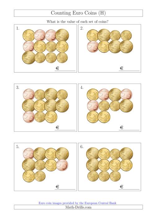 The Counting Euro Coins Including Only 5, 10, 20 and 50 Cent Coins (H) Math Worksheet