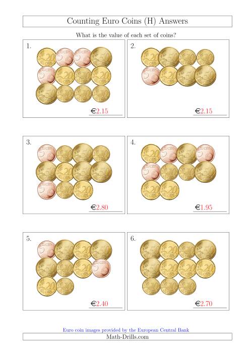 The Counting Euro Coins Including Only 5, 10, 20 and 50 Cent Coins (H) Math Worksheet Page 2
