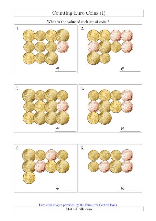 The Counting Euro Coins Including Only 5, 10, 20 and 50 Cent Coins (I) Math Worksheet