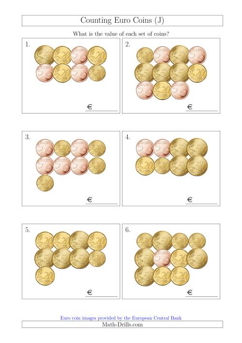 The Counting Euro Coins Including Only 5, 10, 20 and 50 Cent Coins (J) Math Worksheet