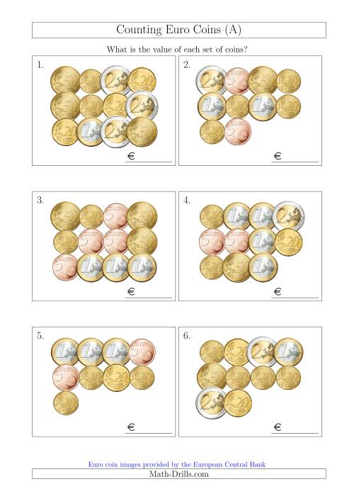 The Counting Euro Coins Without 1 or 2 Cent Coins (A) Math Worksheet
