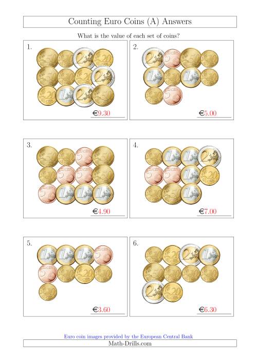 The Counting Euro Coins Without 1 or 2 Cent Coins (A) Math Worksheet Page 2