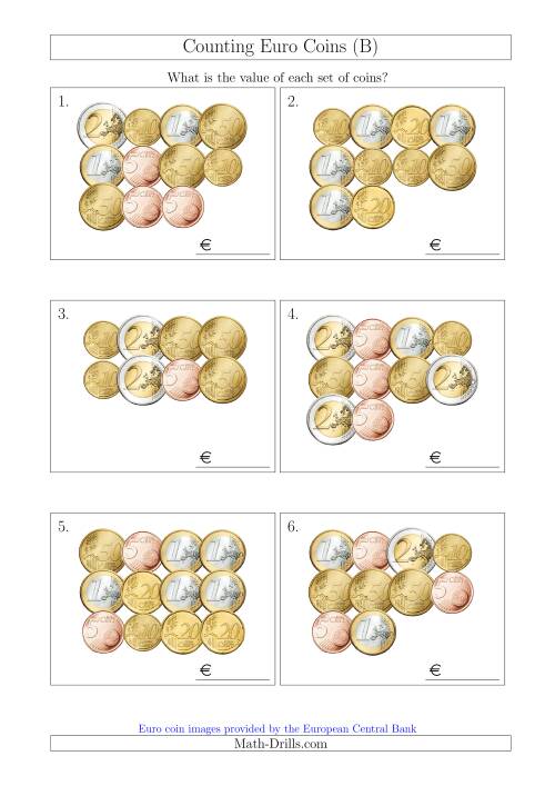 The Counting Euro Coins Without 1 or 2 Cent Coins (B) Math Worksheet