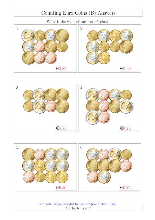 The Counting Euro Coins Without 1 or 2 Cent Coins (B) Math Worksheet Page 2