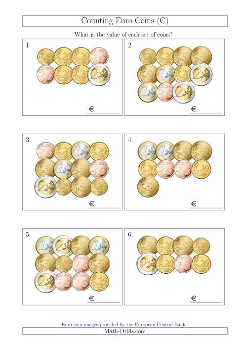 The Counting Euro Coins Without 1 or 2 Cent Coins (C) Math Worksheet