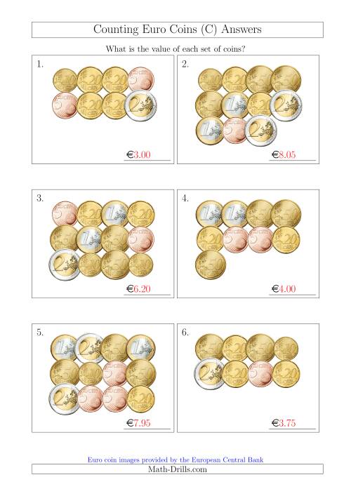 The Counting Euro Coins Without 1 or 2 Cent Coins (C) Math Worksheet Page 2