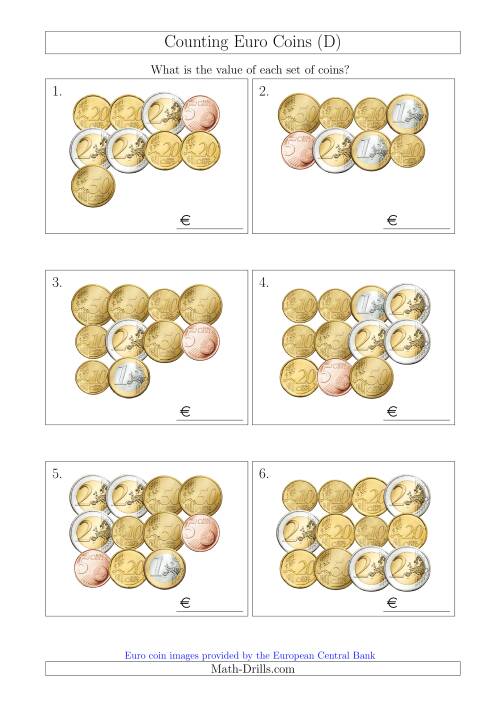 The Counting Euro Coins Without 1 or 2 Cent Coins (D) Math Worksheet