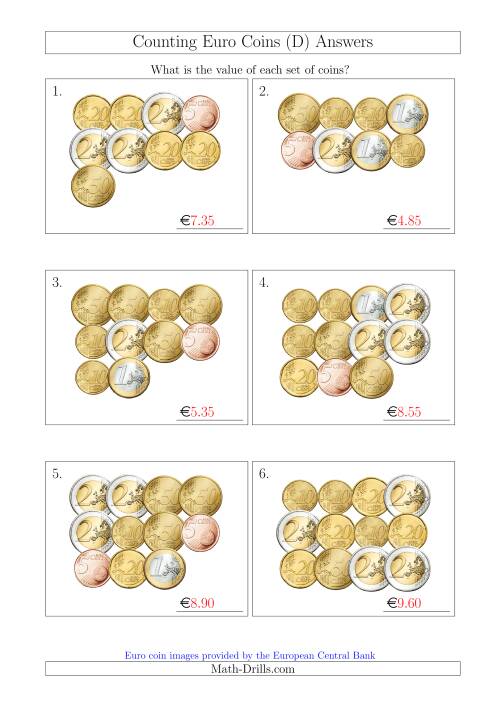 The Counting Euro Coins Without 1 or 2 Cent Coins (D) Math Worksheet Page 2