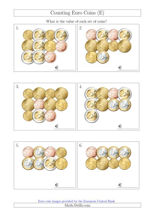 The Counting Euro Coins Without 1 or 2 Cent Coins (E) Math Worksheet