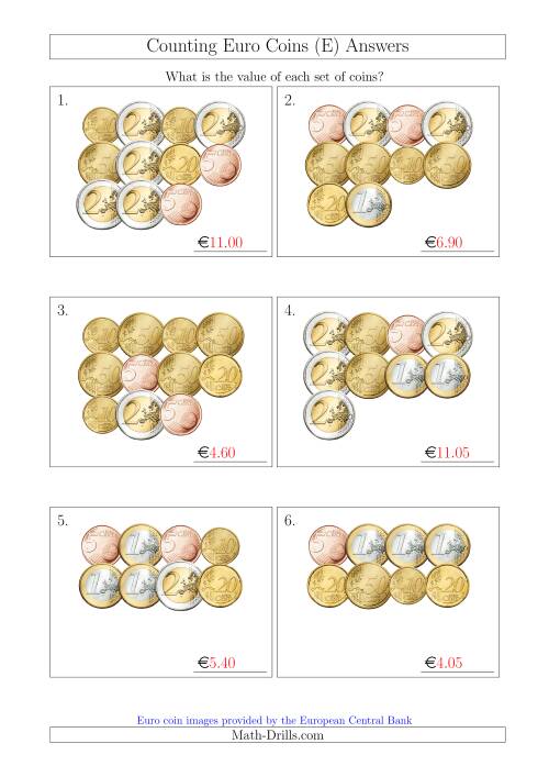 The Counting Euro Coins Without 1 or 2 Cent Coins (E) Math Worksheet Page 2