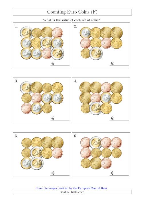 The Counting Euro Coins Without 1 or 2 Cent Coins (F) Math Worksheet