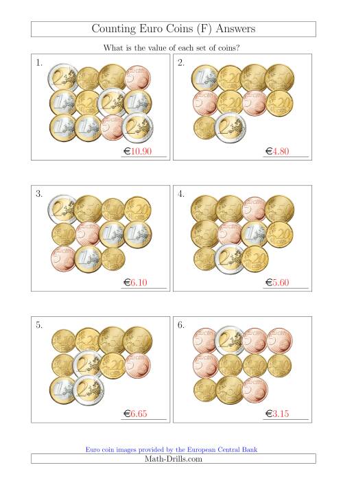 The Counting Euro Coins Without 1 or 2 Cent Coins (F) Math Worksheet Page 2