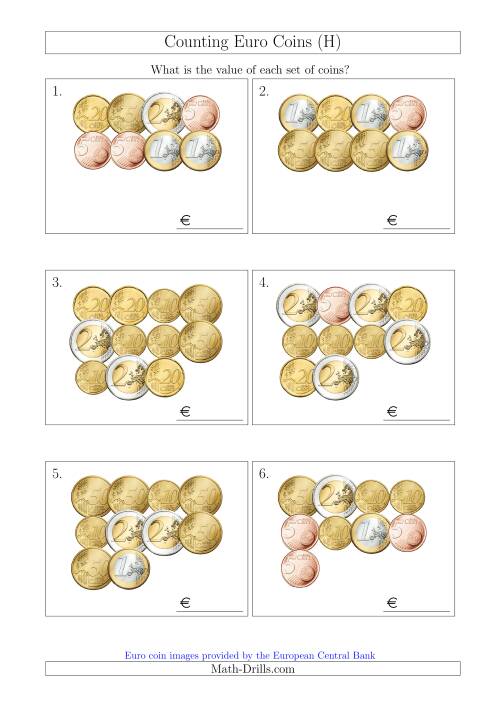The Counting Euro Coins Without 1 or 2 Cent Coins (H) Math Worksheet