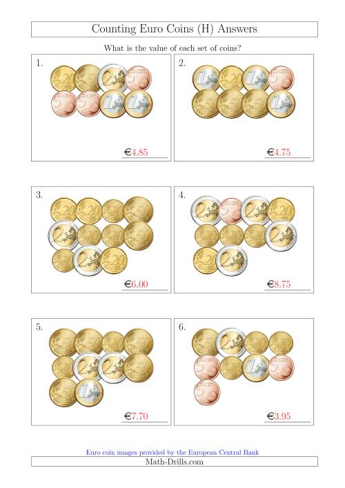 The Counting Euro Coins Without 1 or 2 Cent Coins (H) Math Worksheet Page 2