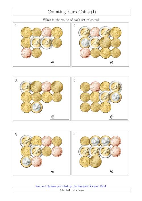 The Counting Euro Coins Without 1 or 2 Cent Coins (I) Math Worksheet