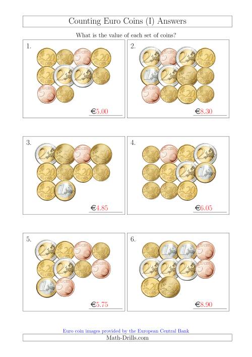 The Counting Euro Coins Without 1 or 2 Cent Coins (I) Math Worksheet Page 2