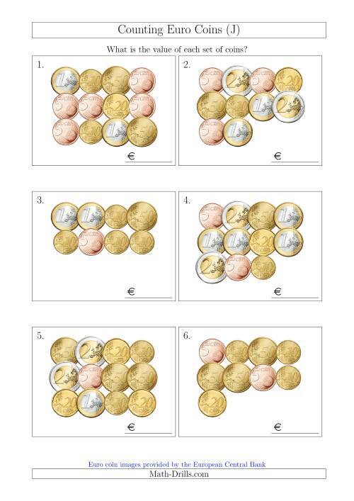 The Counting Euro Coins Without 1 or 2 Cent Coins (J) Math Worksheet